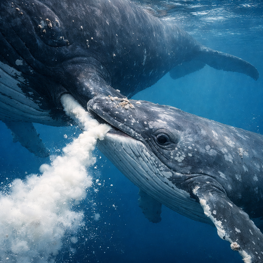 A bálnaanyák a nyílt óceán közepén szoptatják a kicsinyeiket – cumi nélkül, feljövetel nélkül, pihenés nélkül.