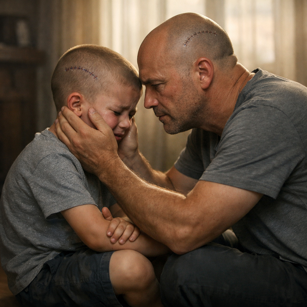 — Apa… neked is ugyanaz a heged van! — suttogta a gyerek, remegő ujjaival megérintve az apa homlokán húzódó hatalmas, összevarrt nyomot.